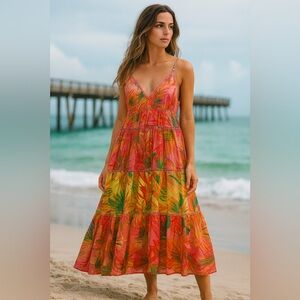 Farm Rio Maxi Dress Size- Large ,Tropical Print, Beach Ready, Resort Wear